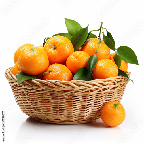 Small tangerines in wicker basket, isolated on white, ai technology