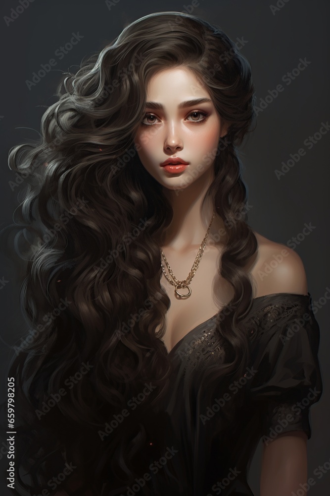 Realism Illustration a elegant woman with flowing raven locks in black attire