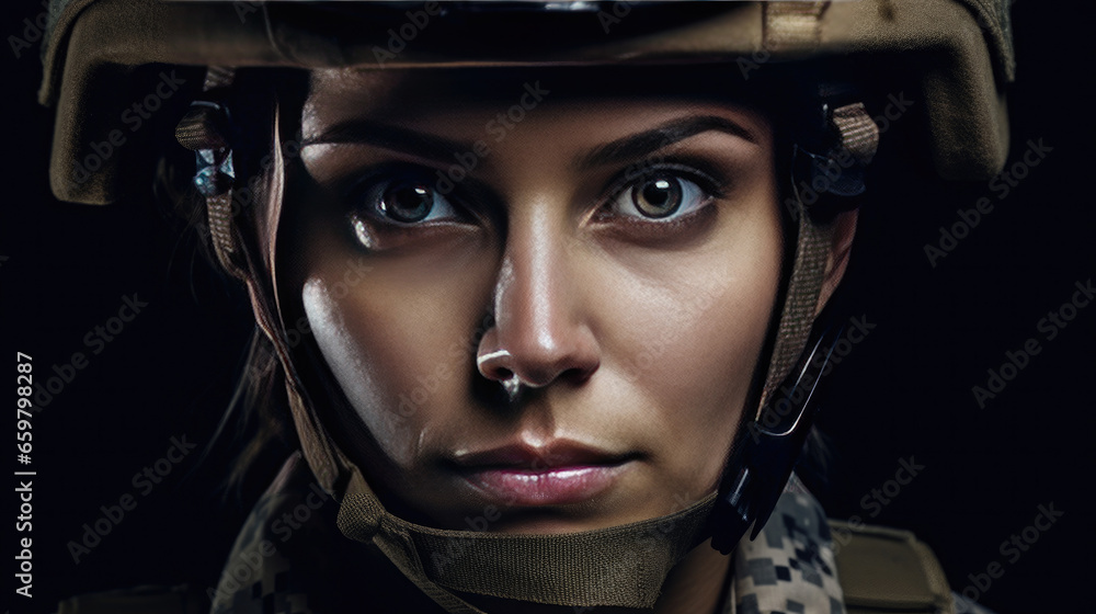 A strong looking woman wearing military uniform including camouflage fatigues and a helmet. She is ready for war to protect and serve her country. Generative Ai - obrazy, fototapety, plakaty 