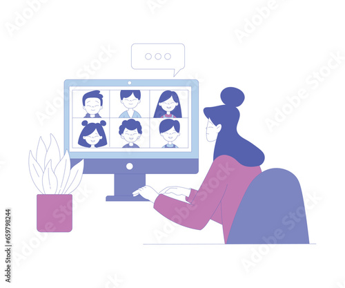 Woman School Teacher or Educator at Online Lesson in Front of Computer Vector Illustration