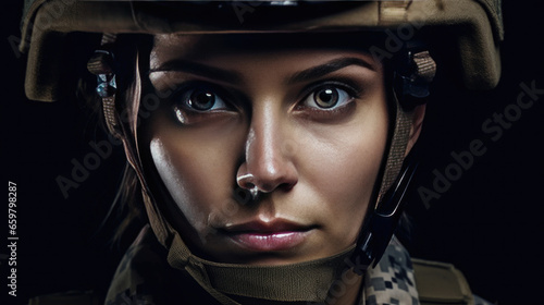A strong looking woman wearing military uniform including camouflage fatigues and a helmet. She is ready for war to protect and serve her country. Generative Ai photo