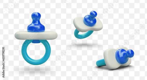 Baby plastic pacifier in different positions. 3d realistic orthodontic pacifier in blue colors for advertising posters. Child growing concept. Vector illustration