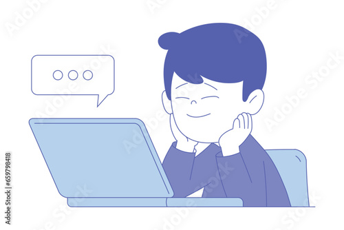 Boy First Grader Sitting at Desk in Front of Laptop Having Online Lesson Vector Illustration