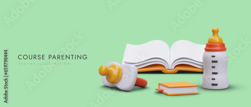 3d realistic pacifier, baby bottle with milk and open book. Course for young parents. Poster for parenting course with green background. Vector illustration