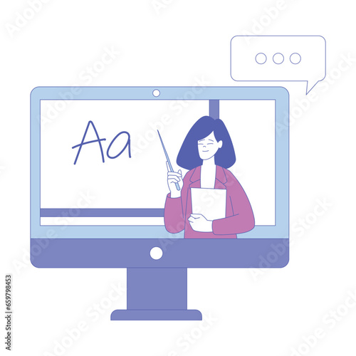 Woman School Teacher or Educator from Computer Screen with Pointer Teaching Alphabet Vector Illustration