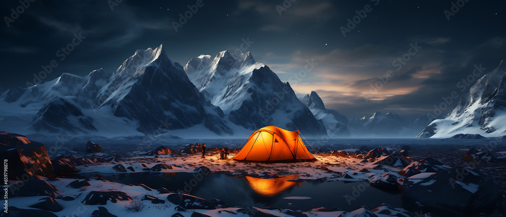 Orange Tent on Snowy High Mountains at Night - obrazy, fototapety, plakaty 