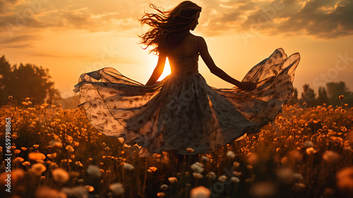 Woman Dancing in Flower Field at Sunset photo