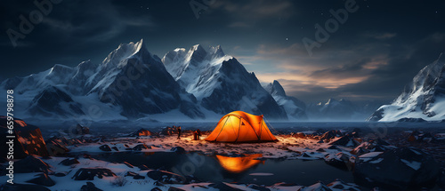 Orange Tent on Snowy High Mountains at Night © The