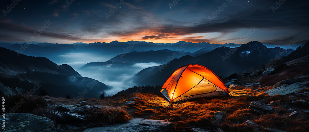 Orange Camping Tent in Mountain at Night