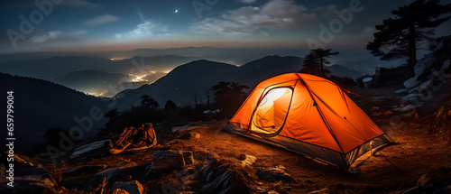 Orange Camping Tent in Mountain at Night © The