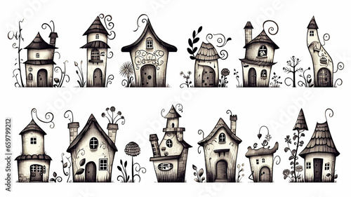 doodle black and white illustration outline of small houses for children s coloring  empty silhouettes of fictional abstract fairy-tale small houses
