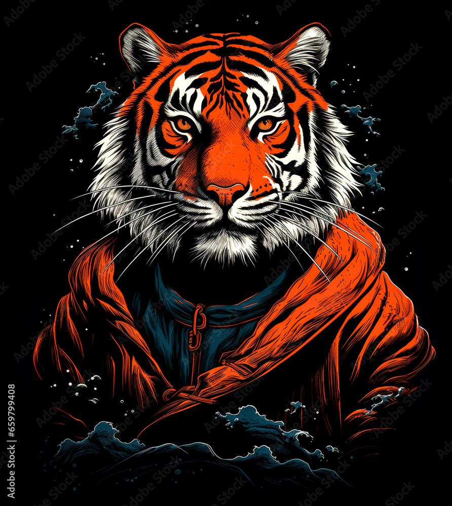 Design for T-shirt The Tiger is Wearing an Orange Hooded in a Nautical Theme