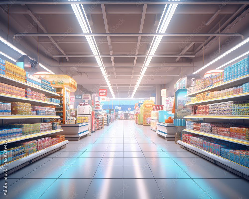 Spacious and Empty Supermarket Aisle with Well-Stocked Shelves - Ideal for Generative AI