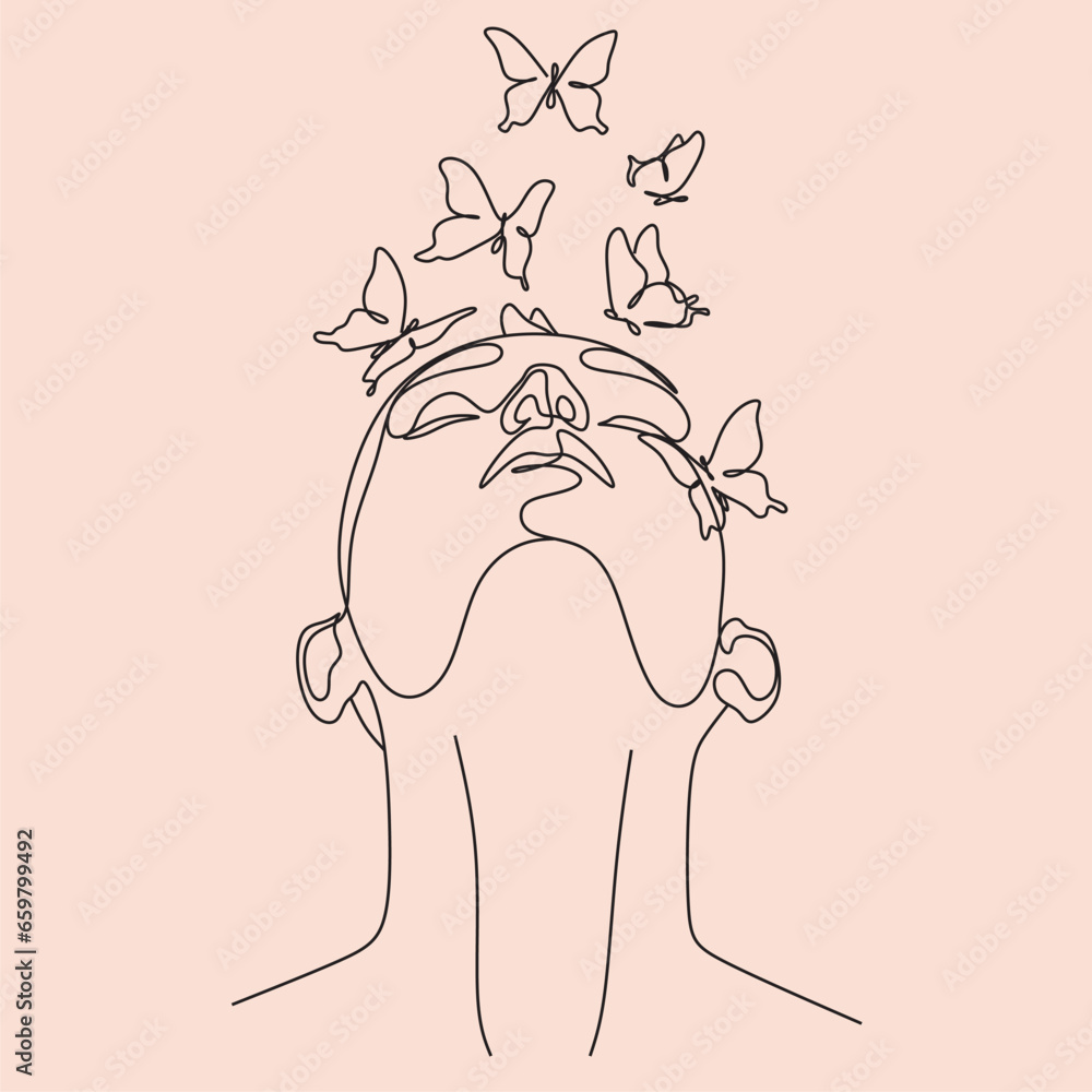 Abstract face with butterfly by one line drawing. Butterfly Line Art. Portrait minimalistic style. Botanical print. Nature symbol of cosmetics.
Fashion print. Beaty salon art