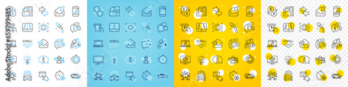 Vector icons set of Sleep, Graph phone and Scroll down line icons pack for web with Information, Laptop repair, People talking outline icon. Currency exchange, Web shop, Car pictogram. Vector