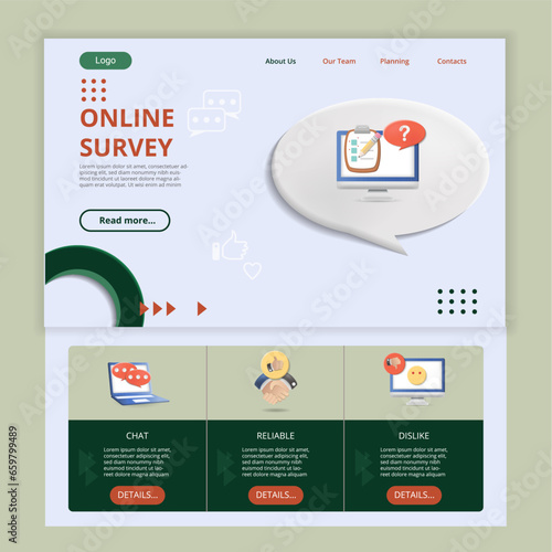 Online survey flat landing page website template. Chat, reliable, dislike. Web banner with header, content and footer. Vector illustration.