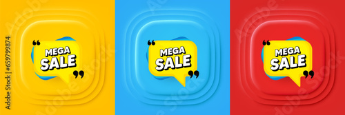 Mega sale bubble. Neumorphic offer banner, flyer or poster. Discount banner shape. Coupon sticker icon. Mega sale promo event banner. 3d square buttons. Special deal coupon. Vector