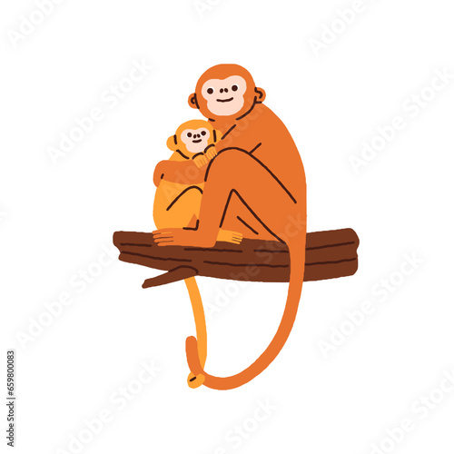 Monkey family, cute funny mother and baby sitting on tree branch, hugging. Happy smiling embracing mom and kid child animals, jungle primates. Flat vector illustration isolated on white background