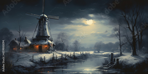 old dutch landscape, night scenery with a windmill in winter photo