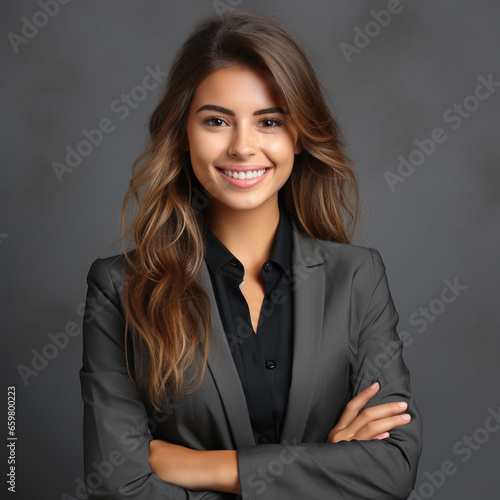 Young business woman posing isolated over grey wall background, ai technology