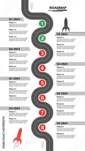 Vertical oadmap with winding road with milestones and rocket on white background. Infographic timeline template for business presentation. Vector.