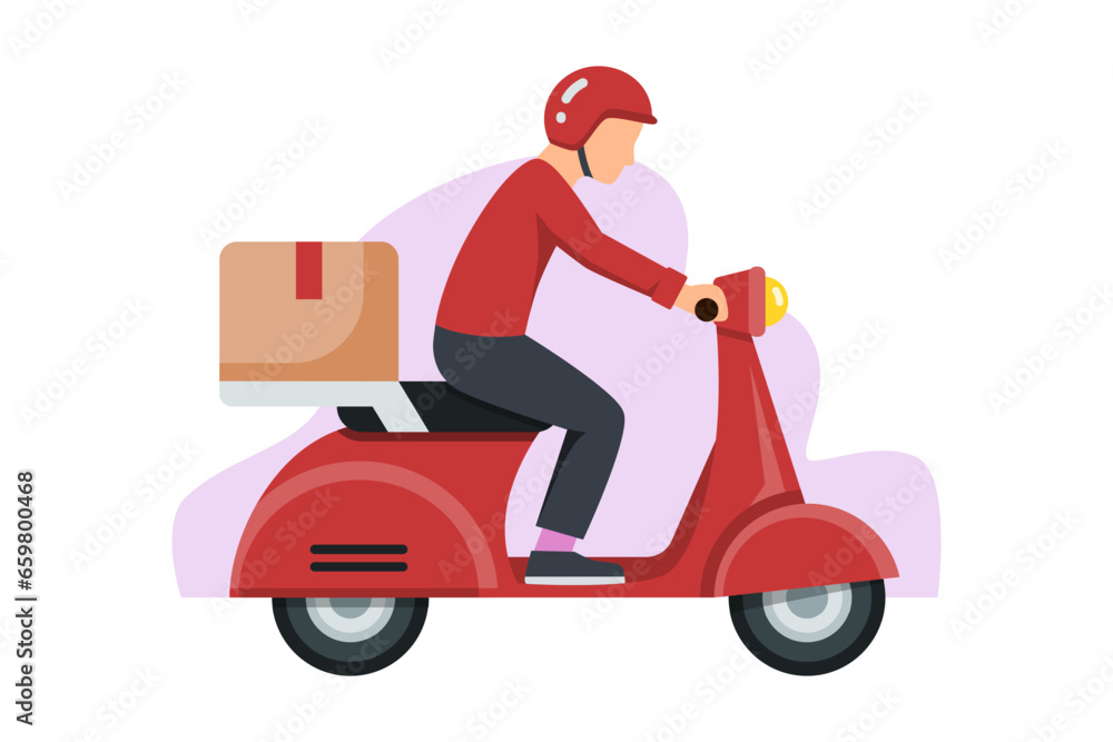 Delivery men with box. Courier man riding scooter design vector Delivery men with box. Courier man riding scooter design vector