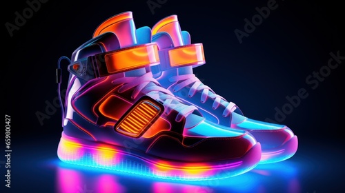 3D abstract sleek sneakers with neon-shiny, futuristic urban aesthetics.
