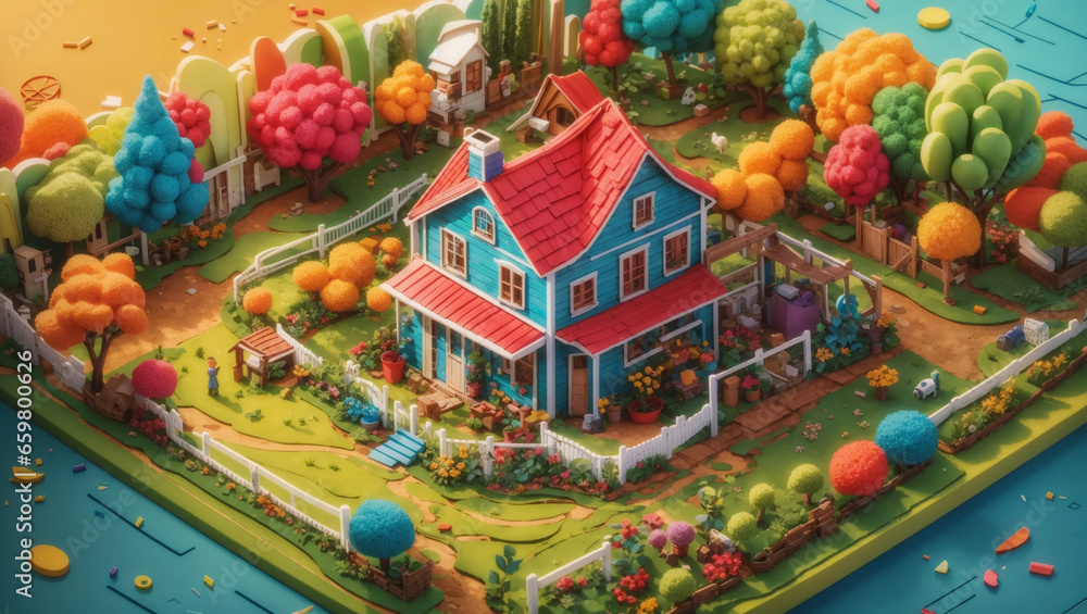 3d Cartoon colored farm house