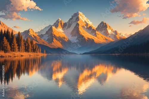  Alpine Majesty  AI Artwork of Snowy Peaks and Crystal Lake  Immerse yourself in the awe-inspiring beauty of a serene alpine landscape  where towering snow-capped peaks are mirrored in a crystal-clear