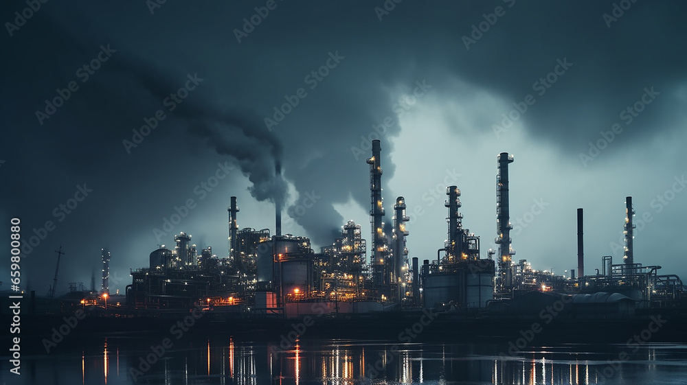 oil refinery pipe panorama, gloomy atmosphere, environmental pollution, ecology, carbon footprint