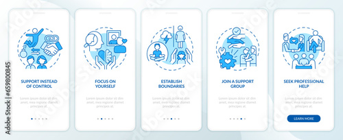 2D icons representing codependent relationship mobile app screen set. Walkthrough 5 steps blue graphic instructions with line icons concept, UI, UX, GUI template.