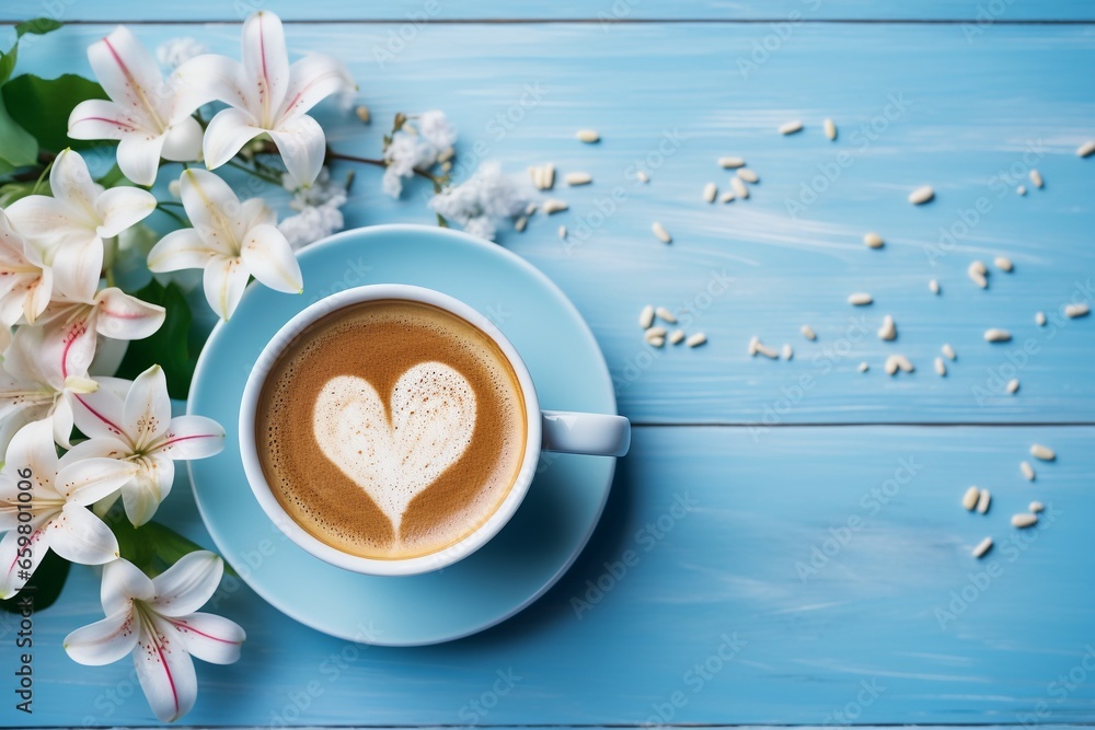 Cup of coffee with flowers - obrazy, fototapety, plakaty 