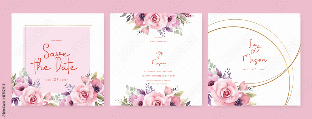 Pink rose and poppy beautiful wedding invitation card template set with flowers and floral