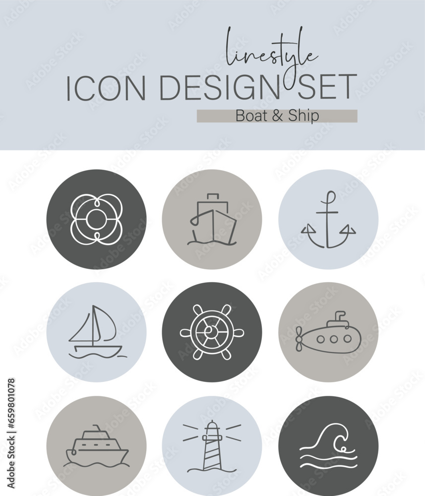 Linestyle Icon Design Set Boat and Ship