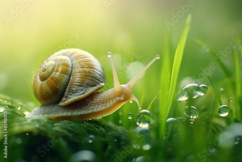 Cute Snail in Morning Dew on Grass"