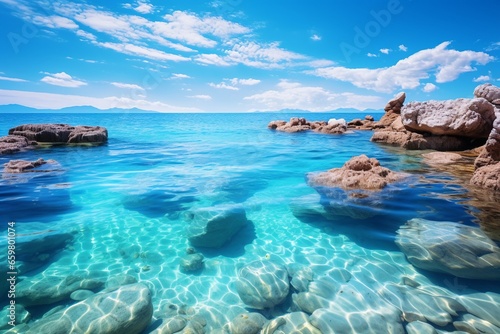 Turquoise Ocean  Blue Sky  and Picturesque Stones