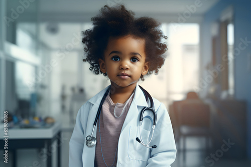 closeup, a cute little black girl stands confidently in a medical office, dressed in medical attire with a stethoscope casually draped around her neck.