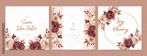 Red and beige rose modern wedding invitation template with floral and flower