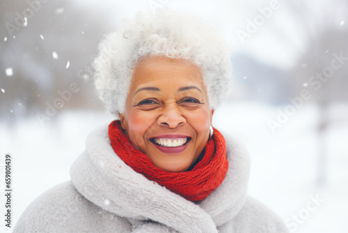 Close up portrait of smiling african american woman in winter park