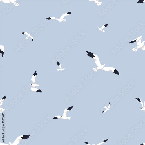 Sea gulls, flying birds pattern. Seamless marine background, repeating print. Seagulls in blue sky, texture design. Repeatable flat vector illustration for textile, fabric, wallpaper, decoration