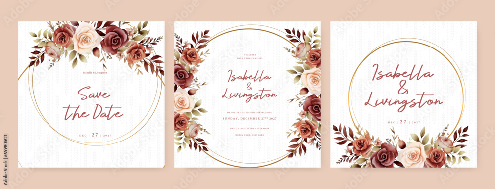 Brown red and beige rose beautiful wedding invitation card template set with flowers and floral Brown red and beige rose beautiful wedding invitation card template set with flowers and floral
