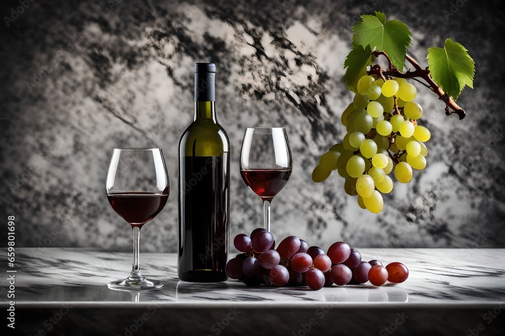 A bottle of wine and a glass with a branch of grapes on a marble tabletop.