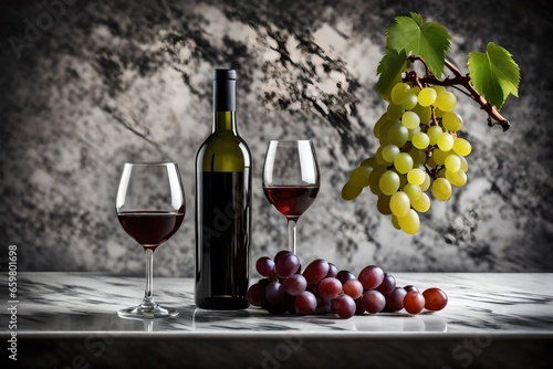 A bottle of wine and a glass with a branch of grapes on a marble tabletop.