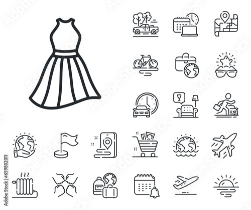 Clothing gown sign. Plane jet, travel map and baggage claim outline icons. Dress line icon. Women fashion outfit symbol. Dress line sign. Car rental, taxi transport icon. Place location. Vector