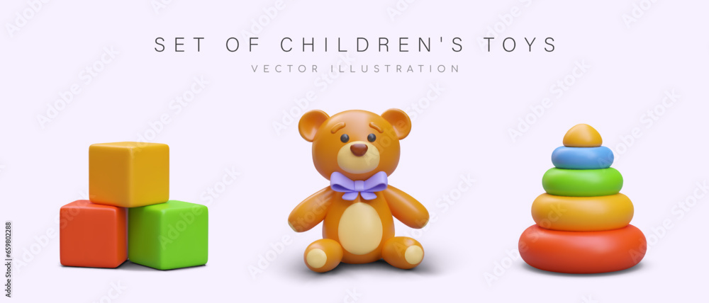 Fototapeta premium Realistic teddy bear with purple bow, colorful children cubes and pyramid toy. Set of different toys for kids. 3d object for advertising campaign. Vector illustration