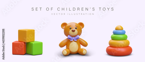 Realistic teddy bear with purple bow, colorful children cubes and pyramid toy. Set of different toys for kids. 3d object for advertising campaign. Vector illustration