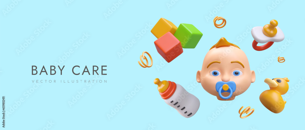 Fototapeta premium Poster in blue colors with 3d realistic toys for newborn child. Educational cubes and rubber duck. Baby bottle with milk and pacifier. Baby boy care concept. Vector illustration