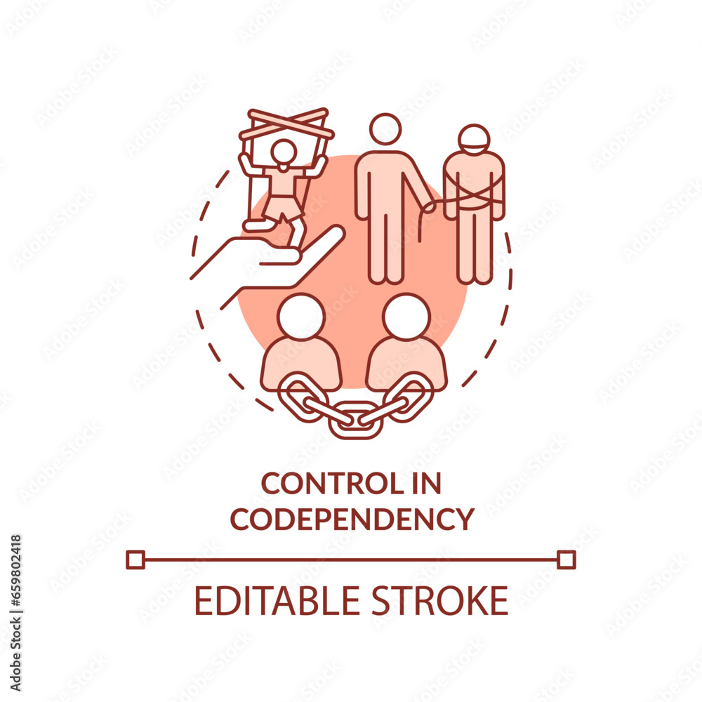 2D editable thin line icon control in dependency concept, monochromatic isolated vector, red illustration representing codependent relationship.