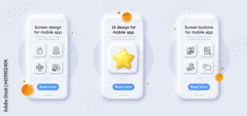 Change money, Approved group and Fake news line icons pack. 3d phone mockups with star. Glass smartphone screen. Time, Analytics chart, Messenger web icon. Vector