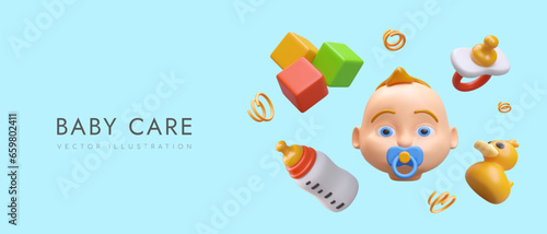 Poster in blue colors with 3d realistic toys for newborn child. Educational cubes and rubber duck. Baby bottle with milk and pacifier. Baby boy care concept. Vector illustration